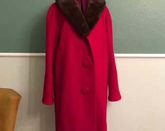 1960s Red Oversized Swing Coat Mink Collar L
