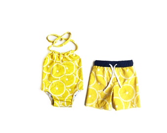 Brother and Sister matching swimsuits, lemonade party matching outfits, siblings swimsuits, yellow lemon swimsuit