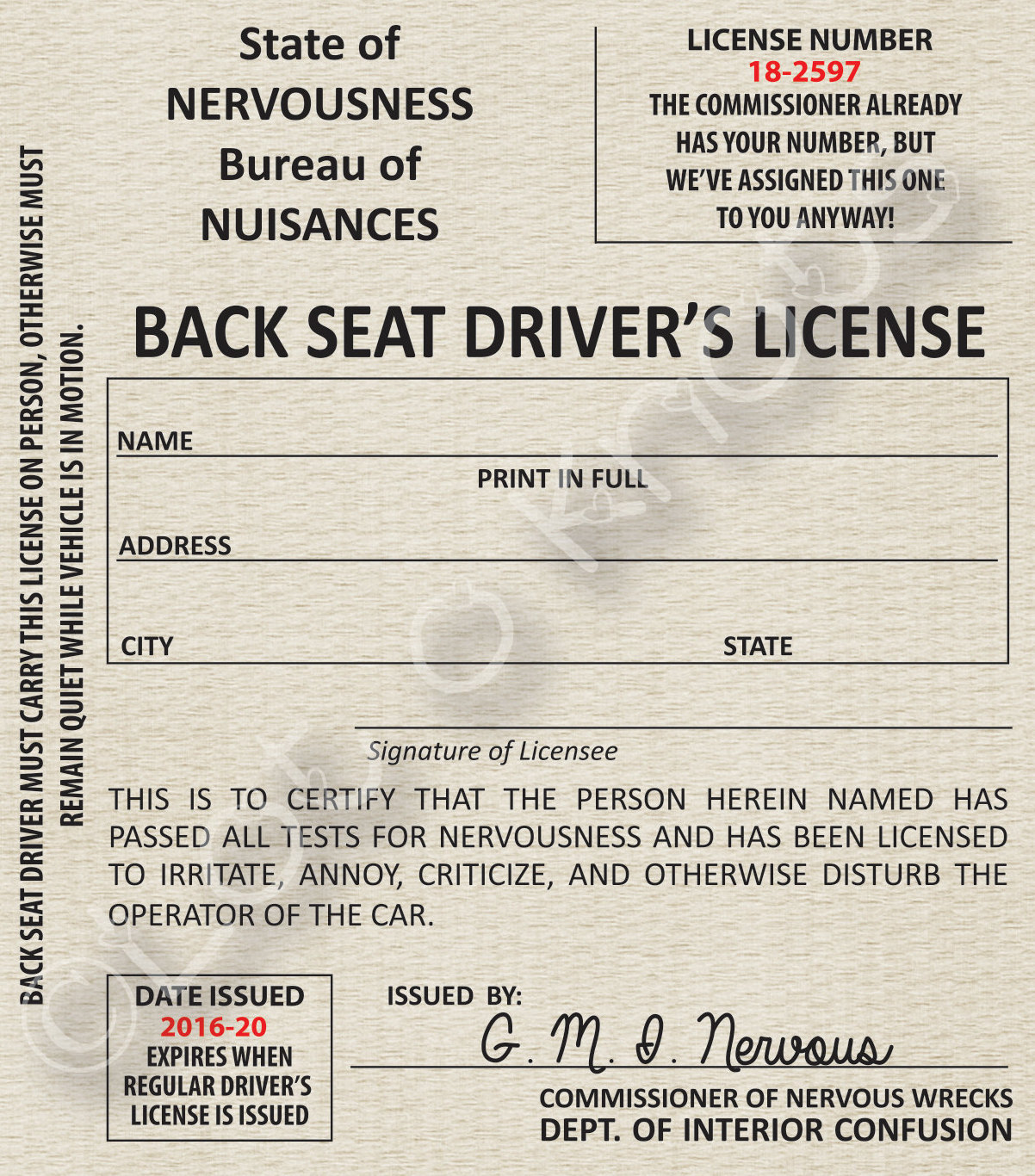 BACKSEAT DRIVER'S LICENSE Digital File to Print