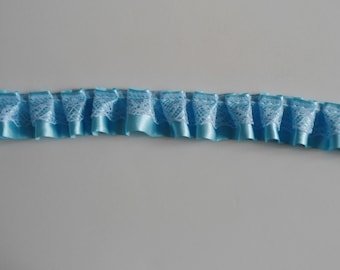 Blue Satin Trim, Blue Satin, White Lace, Satin and Lace Trim, Two Layer Trim, Box Pleat Trim, Pleated Ruffle Trim, 1 " Trim, By The Yard