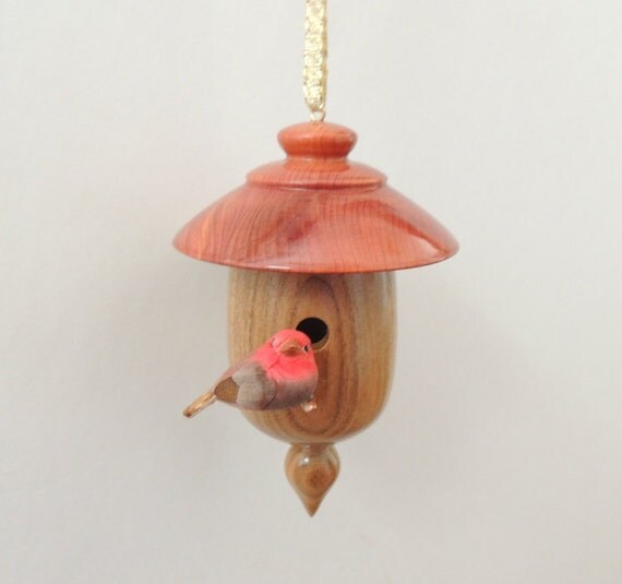 Tiny birdhouse hand turned / mini wooden bird house ornament