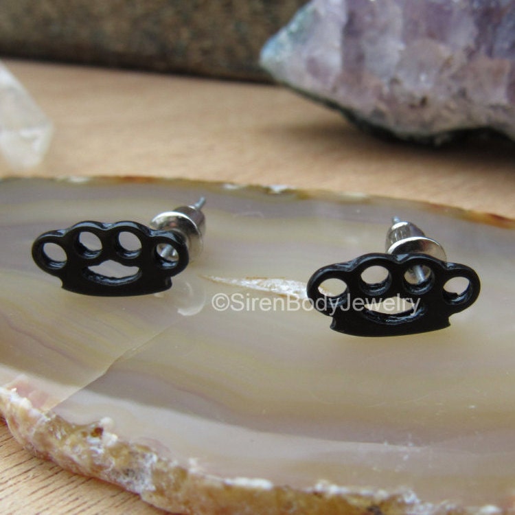 Brass knuckle stud earrings punk stainless steel black studs