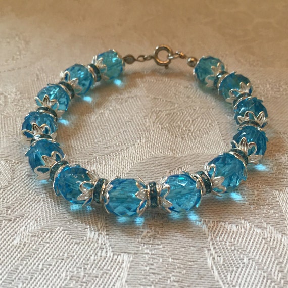 Items similar to Aqua Blue Crystal And Rhinestone Beaded Silver Tone ...