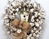 Large Cotton Wreath, Cotton Boll Wreath, Natural Cotton Boll, Farmhouse Decor, Birdhouse Cotton Wreath, 2nd Anniversary Gift, Southern Decor