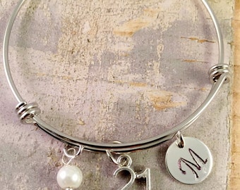 21st birthday gift, birthday bracelet, Initial Charm Bracelet, adjustable bangle, 21st birthday bracelet, pearl bracelet, gift for her