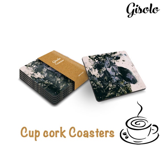 Cup coffee cork coaster dark green marble square set by