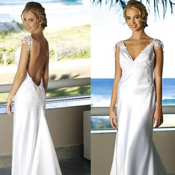  Low  back  Beach wedding  dress  V neck  Backless wedding  by 