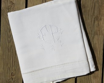 Large sheet linen white Monogram FP vintage
