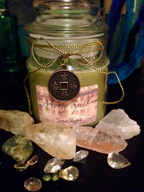 MONEY SPELL CANDLE set with 6 Prosperity Stones by SugarMuses