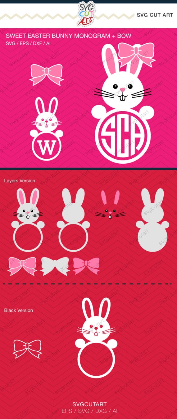 Download Sweet easter bunny Monogram Bow Frame rabbit DXF SVG Cut File