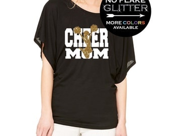 Cheer Mom Shirt GLITTER Flowy Draped Sleeve Dolman Tee // Off Shoulder or scoop - SM-2XL - Cheerleading gifts - Cheer shirt
