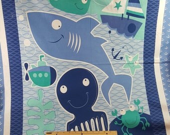 Nautical Nursery Panel, Comforter Panel Baby Blanket, Shark, Octopus, Sailboat, Crabs, Anchors, Whale, Starfish, Nursery Fabric, Ocean, Boat