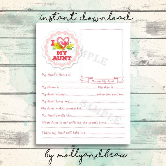 Cute Aunt Printable Questionnaire for kids All about my Aunt