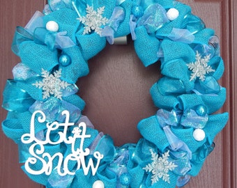 Winter Wreath, Burlap Wreath, Snow, Winter, Turquoise, Turquoise Wreath, Turquoise Burlap, Snowflake