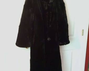 Real Fur Coat, Black, Full Length, Vintage 1940s, Small Size