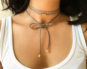 MULTIPLE COLORS - Beaded Triple Wrap Choker, Bolo Tie Choker, Layered Choker, Black Gray Pink Brown White