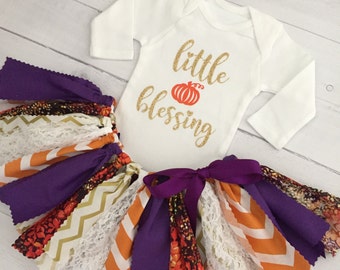 Baby Girl Thanksgiving Outfit, Little Blessing Thanksgiving Outfit, Purple, Orange and Gold Fall Theme Outift
