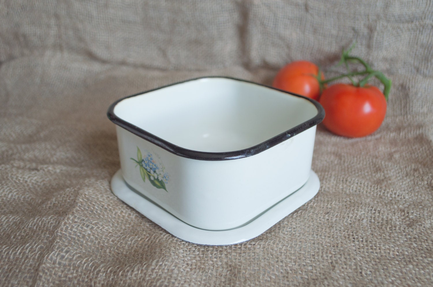 Vintage enamel food container with lid white floral enamelware
