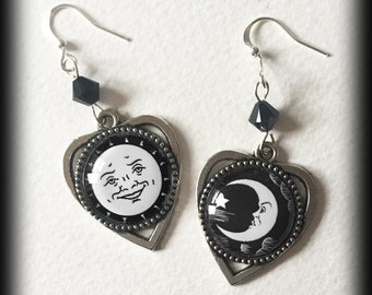 Ouija Board Earrings, Gothic Wicca Jewelry, Ouija Planchette Sun and Moon, Antique Silver, Occult Witch Seance, Black and White, Handmade
