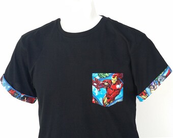 Iron Man Pocket Roll-up T-Shirt, Avengers T-shirt, Super Hero Pocket and Roll-up Sleeves T-shirt, Ironman Tee