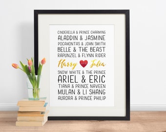 Disney Famous Couple Subway Print | Personalised Names | Wedding Anniversary | Christmas Gift for Wife | INSTANT DOWNLOAD 8x10 Printable Art