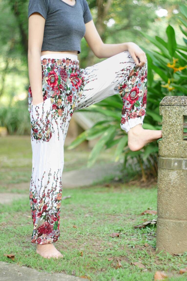 White Pattern Flower Pants Colorful Pants Floral Pants