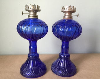 Cobalt Blue Pressed Glass Oil Lamps