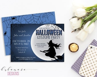 Printable Halloween Invitation Witch on Broom Halloween Party Invite Spider Webs Spooky Moon Blue Holiday Costume Party Card - HI015