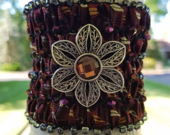 Bracelet - Upcycled Silk Necktie - Beaded Cuff Bracelet-English Smocking