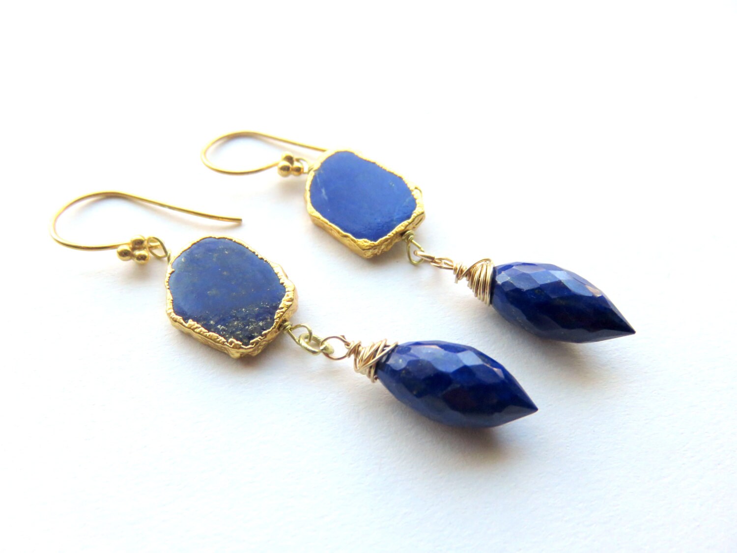 Blue Lapis Marquis Cut Earrings Lapis Lazuli with Gold Leaf