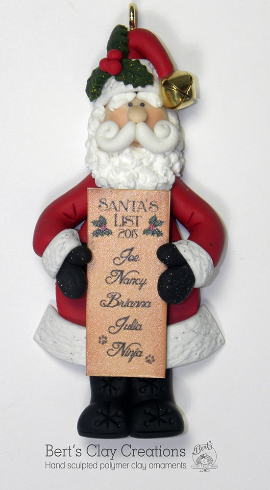 Santa With List Ornament Engraved Names on by BertsClayCreations