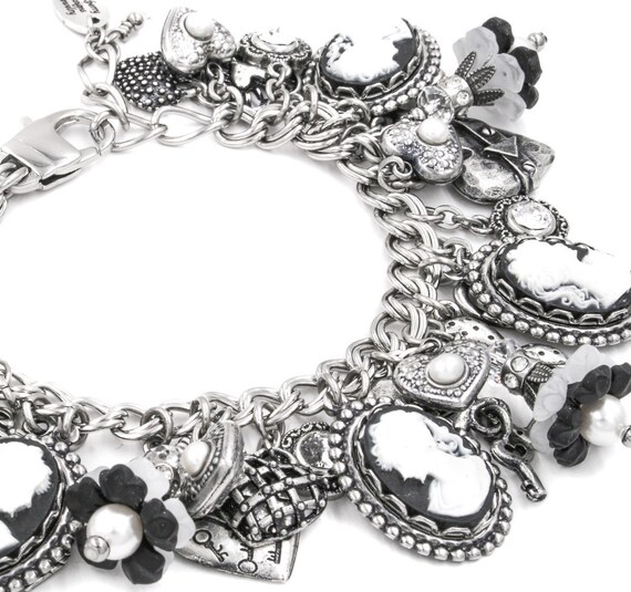 Charm Bracelet Silver Jewelry Black Cameo by BlackberryDesigns