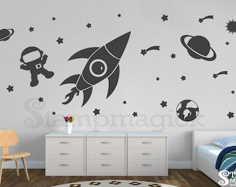 Outer Space Wall Decal - LARGE version - Boy Nursery Bedroom Baby - Rocket Shuttle Vinyl Wall Art Decor - K150L