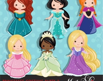 Princess Clipart - Princess Costumes with cute characters, royal graphics, illustration, birthday invitation, party graphics, embroidery