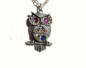 Steampunk Fuchsia and Blue Crystal Athena Owl Necklace