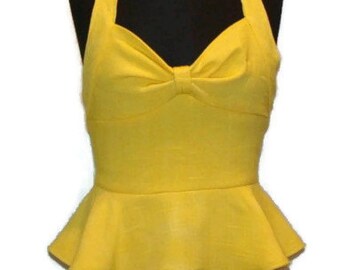 OOAK Vintage Inspired Yellow Halter Top Peplum Tops For Women Yellow Tops For Women Mustard Yellow Peplum Top Halter Top Shirts