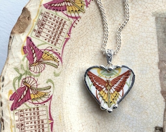 Broken china jewelry heart pendant necklace antique Art Nouveau butterfly luna moth