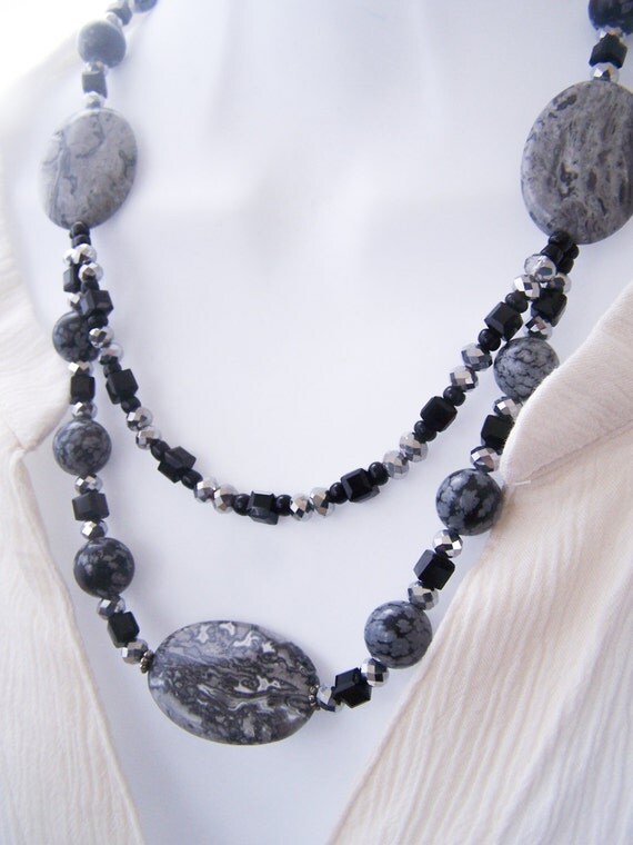 Gray beaded necklace, grey beaded necklace, jasper stone necklace, boho ...