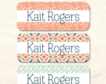 waterproof name labels, set of 30, baby bottle labels, daycare lables, girl stickers, floral pattern, arrows, mint, coral and navy (NS-13)