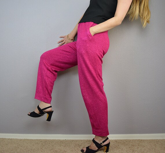 Hot Pink Disco Pants Sparkly Glitter Thread Knit Pants Tapered