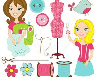 Seamstress Cute Digital Clipart, Sewing Clipart, Sewing Graphics, Woman Sewing Clip Art, Sewing Digital Download, Seamstress Graphics, Sew
