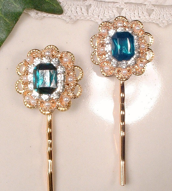 Emerald Green Bridal Hair Pins Gold Rhinestone & Pearl