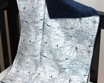 Air Traffic Navy Airplane Blanket, Minky Baby Blanket, World Map and Airplanes Baby Blanket, Vintage Airplane Boys Blanket