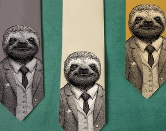 Stylish Sloth Necktie - Men's Sloth Tie - Groomsmen Necktie - Sloth Art - Men's Gift - Screen Printed Neck tie