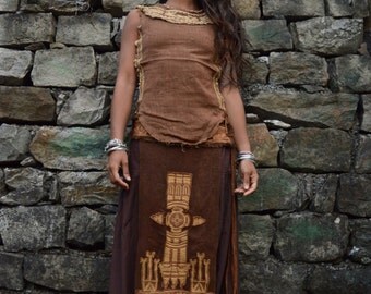 Native American style Tribal Panel Unisex Linen Embroidery skirt Earthy Natural