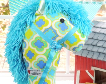Stick Horse, Handmade Kid's Ride-On Hobby Horse Toy, Turquoise and Lime, On Sale Thru June 13th