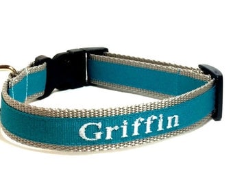 Personalized Embroidered Dog ID Collar - Turquoise and Silver Personalized Dog Collar