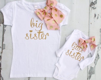 Big Sister & Newborn Baby Girl Coming Home Outfit Set. Lace Diaper Cover, Leg Warmers, Personalized Bow Bodysuit Pink Gold Mother's Day