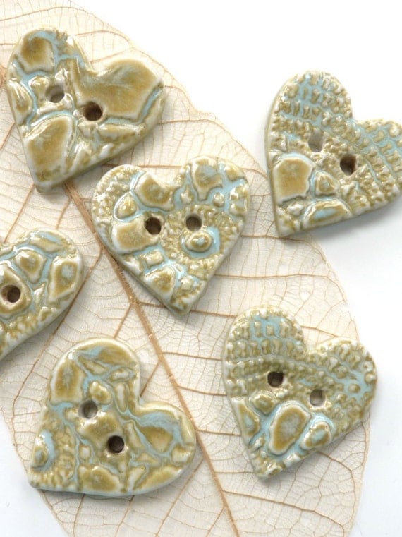 Ceramic buttons ~ 3 handmade heart shaped porcelain buttons, unique button fasteners, glazed button, sewing knitting supply craft supplies