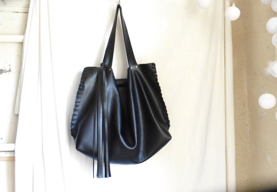 Black Leather Tote Extra Large. Slouchy Big Bag by byloomandhyde